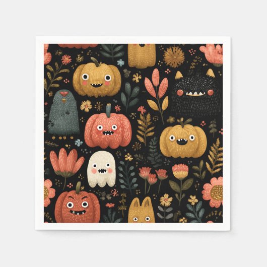 Serviette En Papier Mignons monstres d'Halloween et Motif Citrouille (Devant)