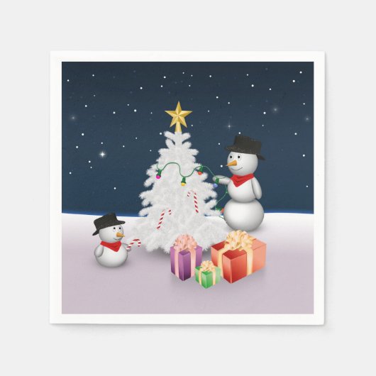 Serviette En Papier Mignons neigeurs avec sapin de Noël (Devant)