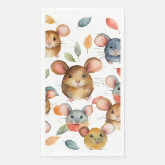 Serviette En Papier Mignons Souris à l'aquarelle et Motif de Feuilles