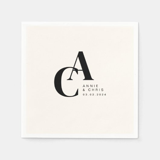 Serviette En Papier Minimal, Monogramme, Beige, Mariage (Devant)