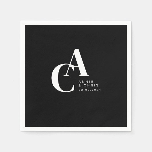 Serviette En Papier Minimal, Monogramme, Noir, Mariage (Devant)