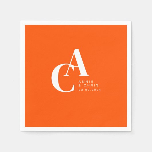 Serviette En Papier Minimal, Monogramme, Orange, Mariage (Devant)