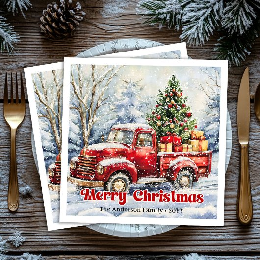 Serviette En Papier Minimal red truck Christmas scene rustic napkins