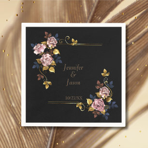 Serviette En Papier Minimaliste Elegant Boho Black Gold Floral Mariage