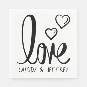 Serviette En Papier Minimaliste Mariage amour coeur noir blanc nuptial