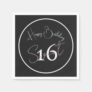 Serviette En Papier Minimaliste Moderne 16ème Anniversaire Noir Blanc 
