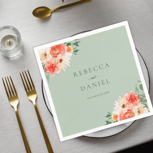 Serviette En Papier Mint Green Boho Orange Fleur sauvage Mariage