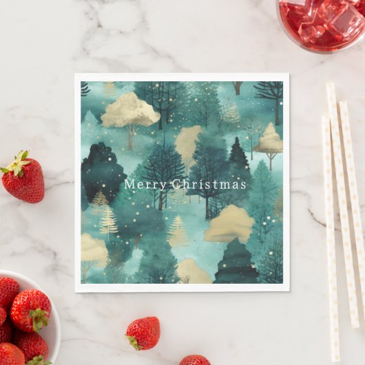Serviette En Papier Mint Green Gold Trees Noël (En situation)