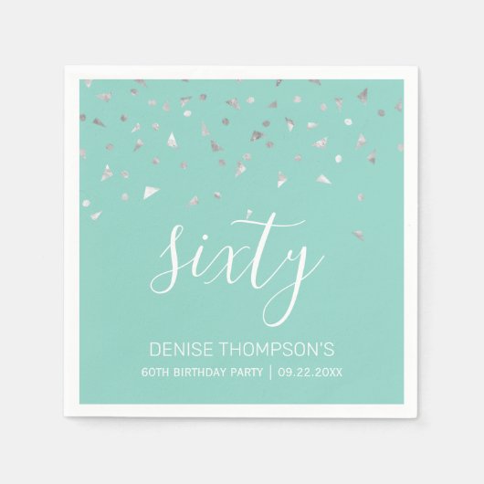 Serviette En Papier Mint Green Silver Confetti 60e fête d'anniversaire (Devant)