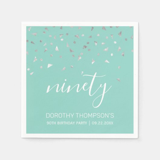 Serviette En Papier Mint Green Silver Confetti 90e fête d'anniversaire (Devant)