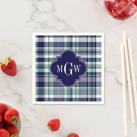 Serviette En Papier Mint Marine Blanc Preppy Madras Quatrefoil Monogra (En situation)