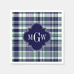 Serviette En Papier Mint Marine Blanc Preppy Madras Quatrefoil Monogra