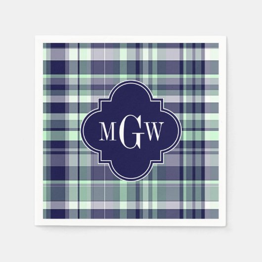 Serviette En Papier Mint Marine Blanc Preppy Madras Quatrefoil Monogra (Devant)