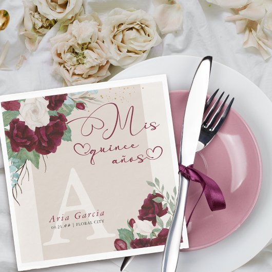 Serviette En Papier Mis Quince Anos Burgundy Ivory Floral Monogramme