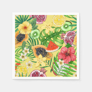 Serviette En Papier Mix-fruit tropical, fleurs et feuilles sur jaune