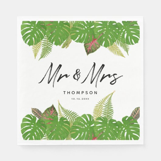 Serviette En Papier Mme Modern Tropical Feuille Script Mariage (Devant)