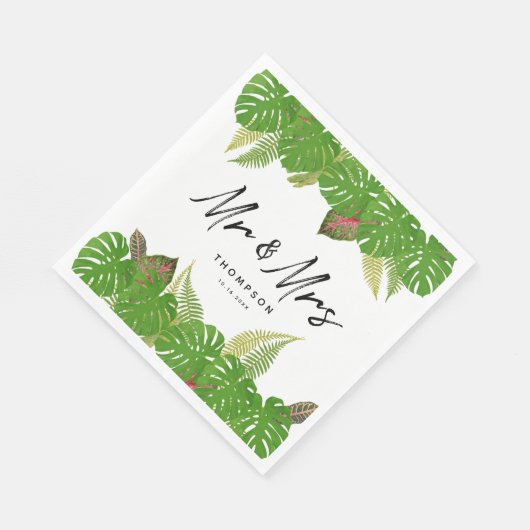 Serviette En Papier Mme Modern Tropical Feuille Script Mariage (Coin)