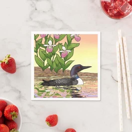 Serviette En Papier MN State Bird Flower Loon Lady Slipper (En situation)