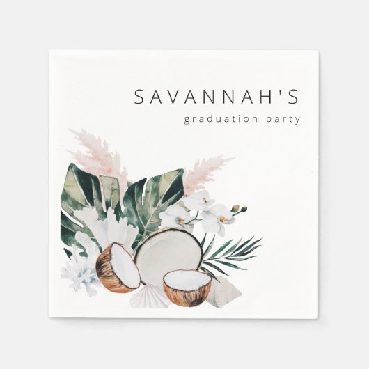 Serviette En Papier MOD Cocnut Coral & Blanc Floral Nom Party (Devant)