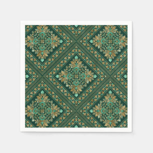 Serviette En Papier Modèle Damas vintage - vert émeraude et or