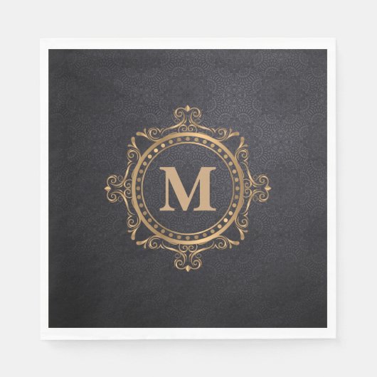 Serviette En Papier Modèle de mandala décoratif en monogramme noir (Devant)
