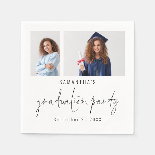 Serviette En Papier Modern 2 Photo Script Nom Date Graduation Party (Devant)