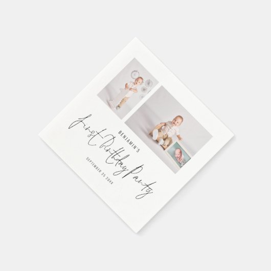 Serviette En Papier Modern 2 Script Photo Première fête d'anniversaire (Coin)