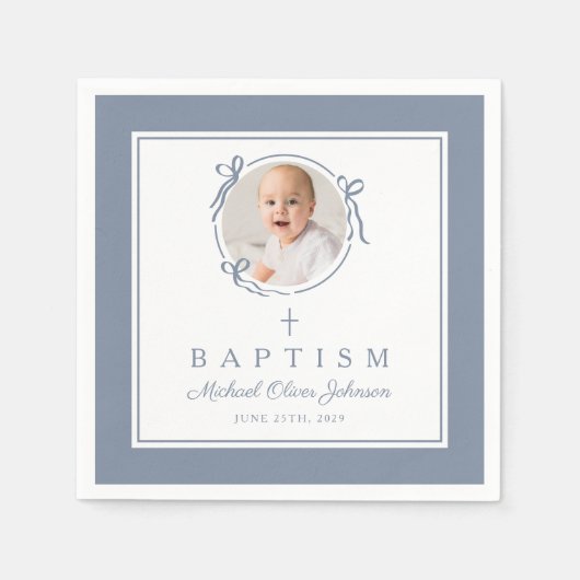 Serviette En Papier Modern Dusty Blue Religius Cross Boy Baptism (Devant)