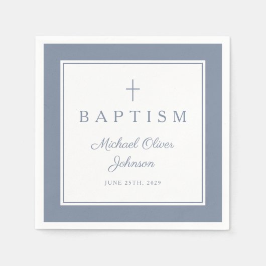 Serviette En Papier Modern Dusty Blue Religius Cross Boy Baptism (Devant)