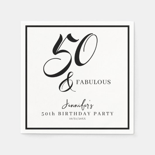 Serviette En Papier Modern Elegant Black White Fifty Fabulous Birthday (Devant)