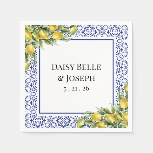 Serviette En Papier Modern Mediterranean Lemon Blue Mosaic Wedding (Devant)