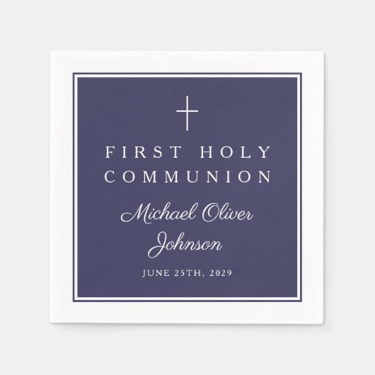 Serviette En Papier Modern Navy Blue Religious Boy First Communion (Devant)