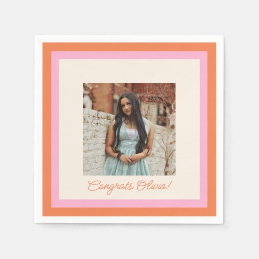 Serviette En Papier Modern Pink and Orange Border Photo Graduation (Devant)