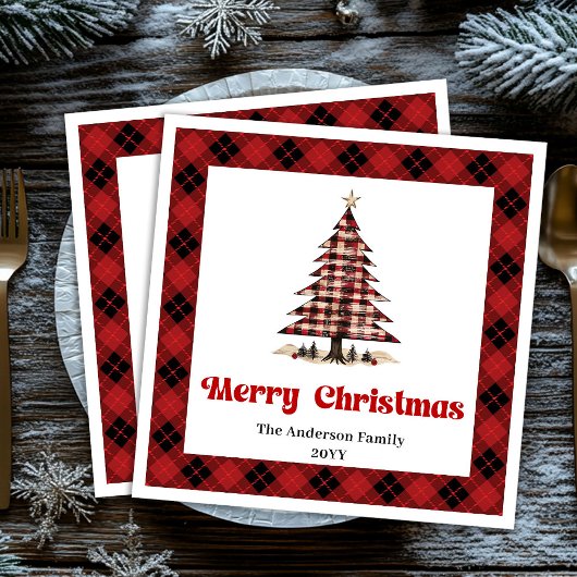 Serviette En Papier Modern Red Black Plaid Tree Christmas Napkins