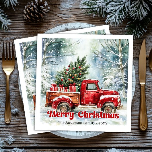 Serviette En Papier Modern red truck Christmas scene rustic napkins 