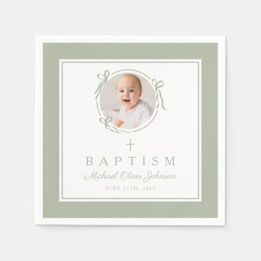 Serviette En Papier Modern Sage Green Religious Cross Boy Baptism (Devant)