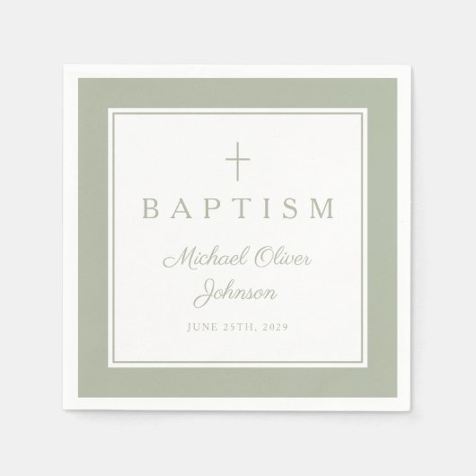 Serviette En Papier Modern Sage Green Religious Cross Boy Baptism (Devant)