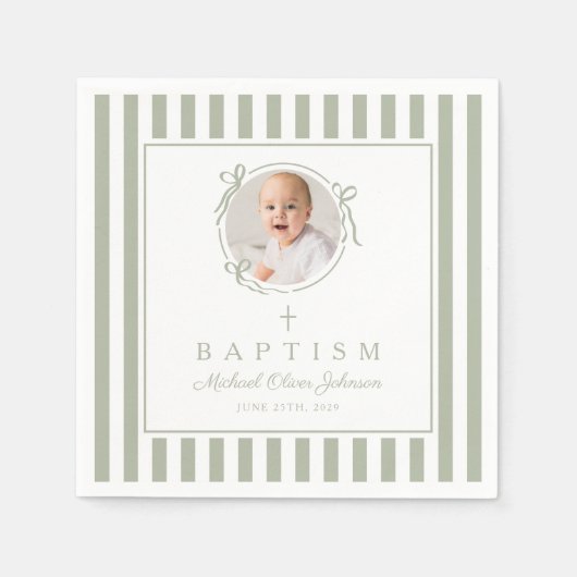 Serviette En Papier Modern Sage Green Religius Photo Boy Baptism (Devant)