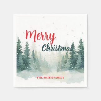 Serviette En Papier Modern Script Christmas Xmas winter pine tree fore