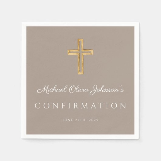 Serviette En Papier Modern Taupe Religious Cross Boy Confirmation (Devant)