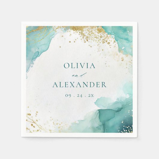 Serviette En Papier Modern Teal Gold Abstract Beach Wedding (Devant)