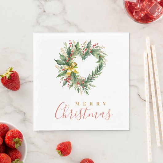 Serviette En Papier Modern Wreath Heart-Shape Merry Christmas Script (En situation)