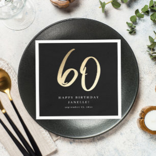 Serviette En Papier Moderne 60e Anniversaire Noir & Or Script