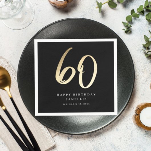 Serviette En Papier Moderne 60e Anniversaire Noir & Or Script