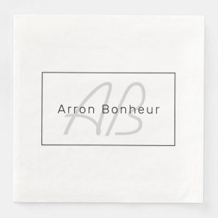 Serviette En Papier Moderne Blanc Gris & Noir Nom et monogramme cool