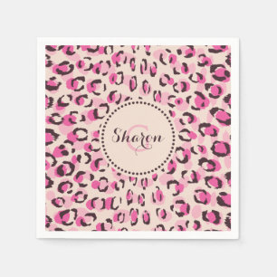 Serviette En Papier Moderne chic imprimé motif guépard rose monogramme
