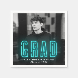 Serviette En Papier Moderne Cyan Neon Photo Graduation
