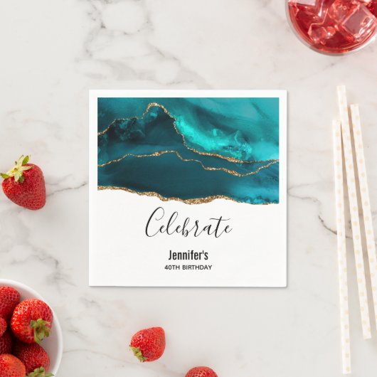 Serviette En Papier Moderne Design Turquoise & Or Agate sur Blanc Anni (En situation)