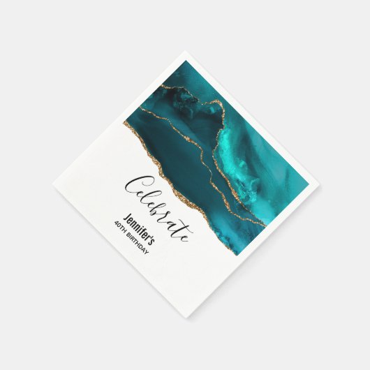 Serviette En Papier Moderne Design Turquoise & Or Agate sur Blanc Anni (Coin)