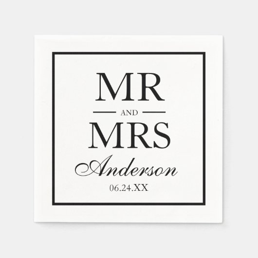 Serviette En Papier Moderne Elegant M. et Mme Mariage BW (Devant)